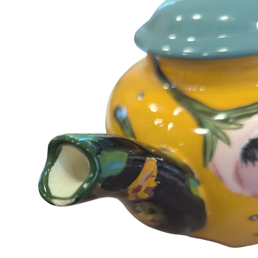 Droll Designs Hand Painted Floral Ceramic Teapot Yellow Striped Handle Whimsical